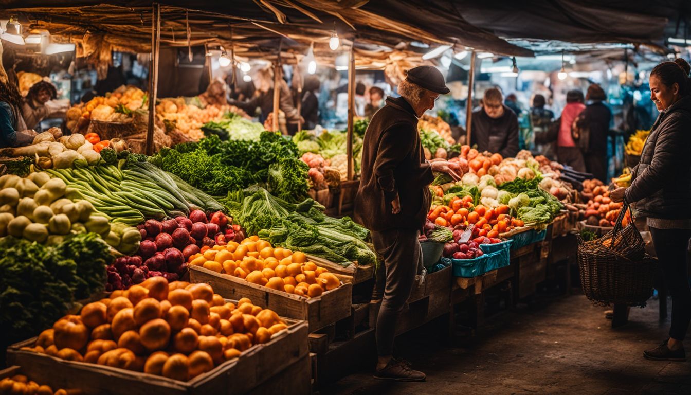 Een verse groente- en fruitmarktstal met kleurrijke producten en een levendige sfeer.