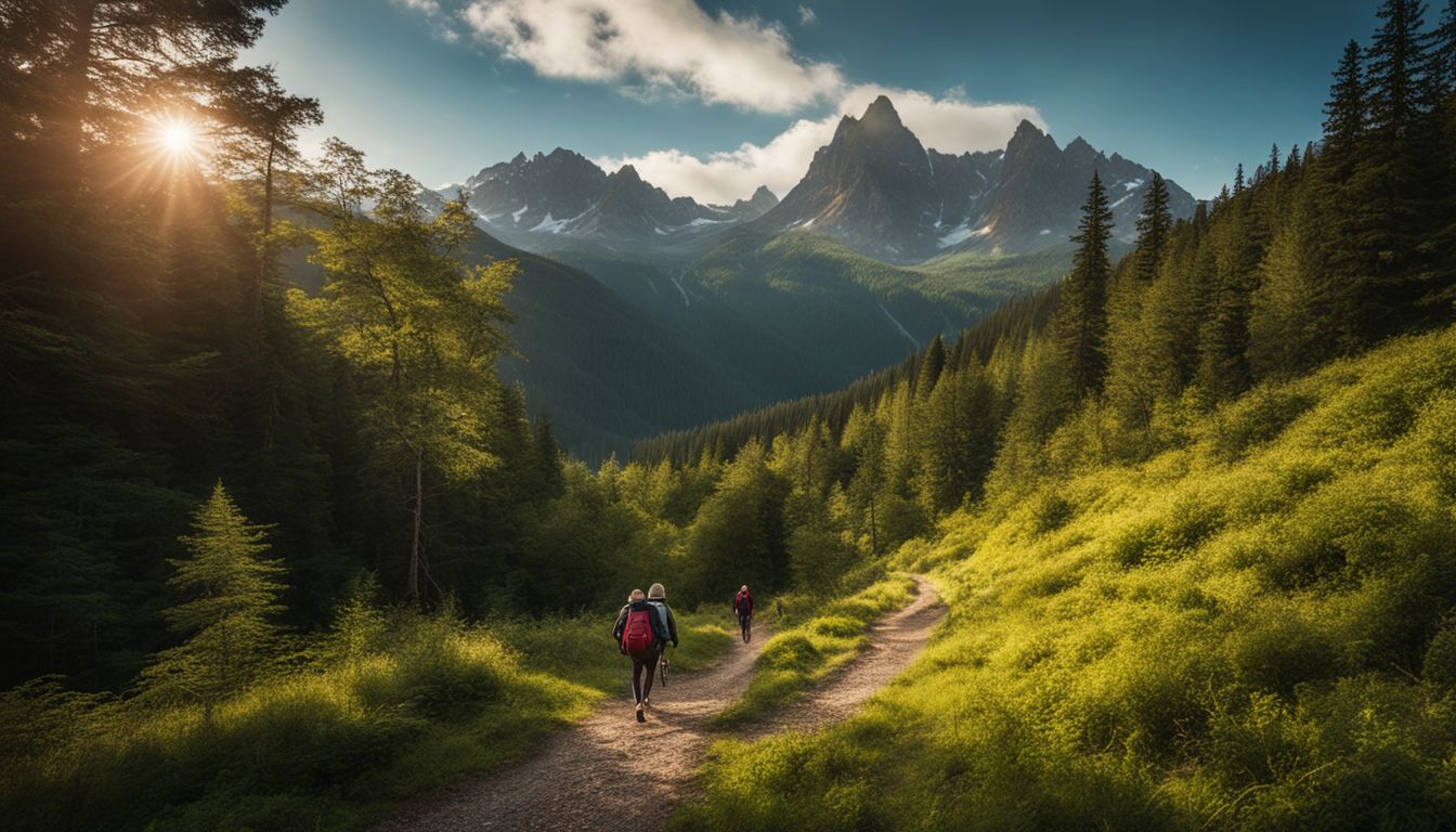 Een wandelpad door een weelderig bos met een schilderachtige bergachtergrond.