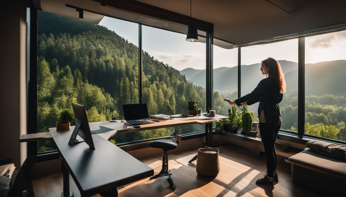 Een persoon werkt aan een sta-bureau met uitzicht op groene natuur.