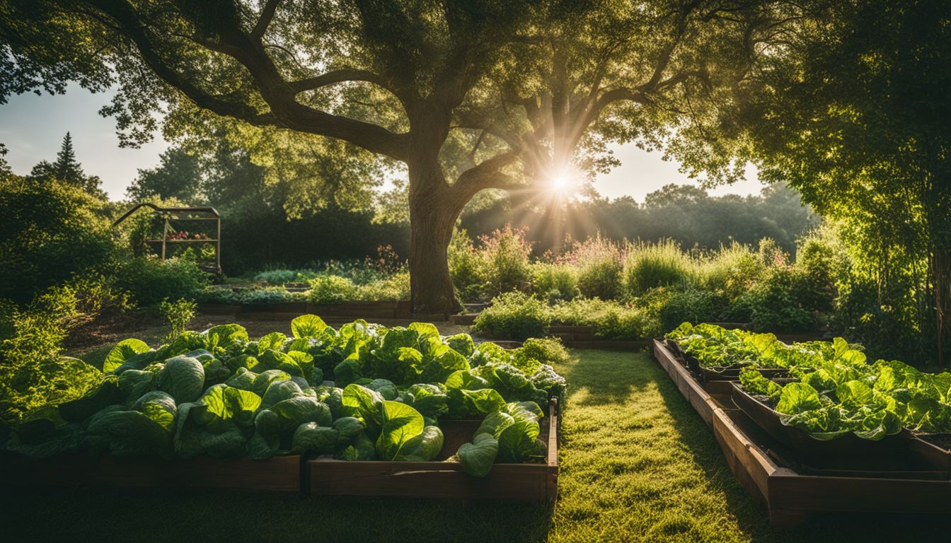 Een weelderige moestuin met verschillende mensen, gezichten en kleding.