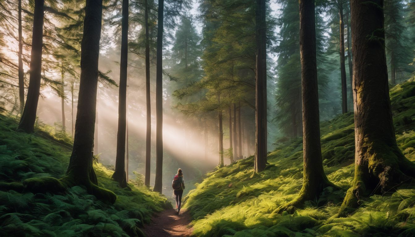 Een persoon wandelt in een rustig bos, omringd door hoge bomen en groen.