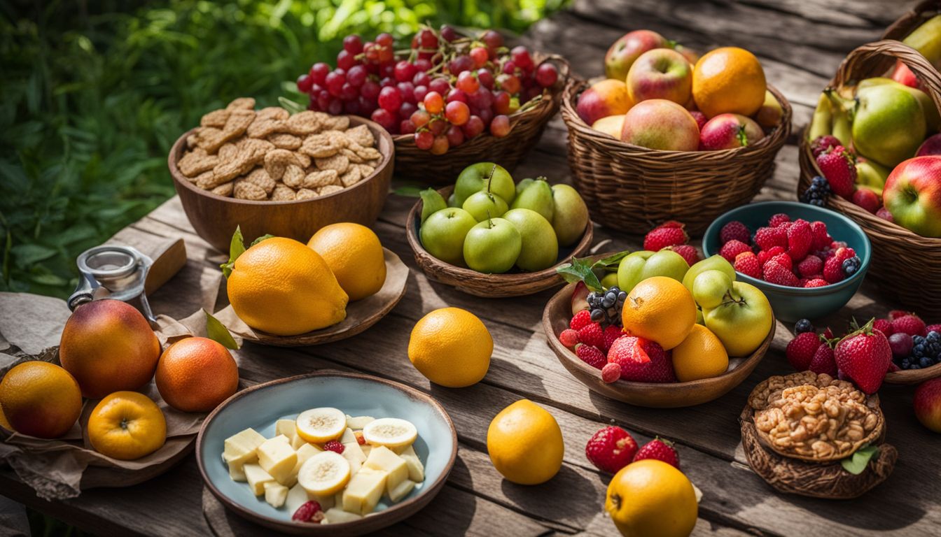 Een assortiment van verse vruchten en gezonde snacks op een houten tafel in een weelderige tuin.