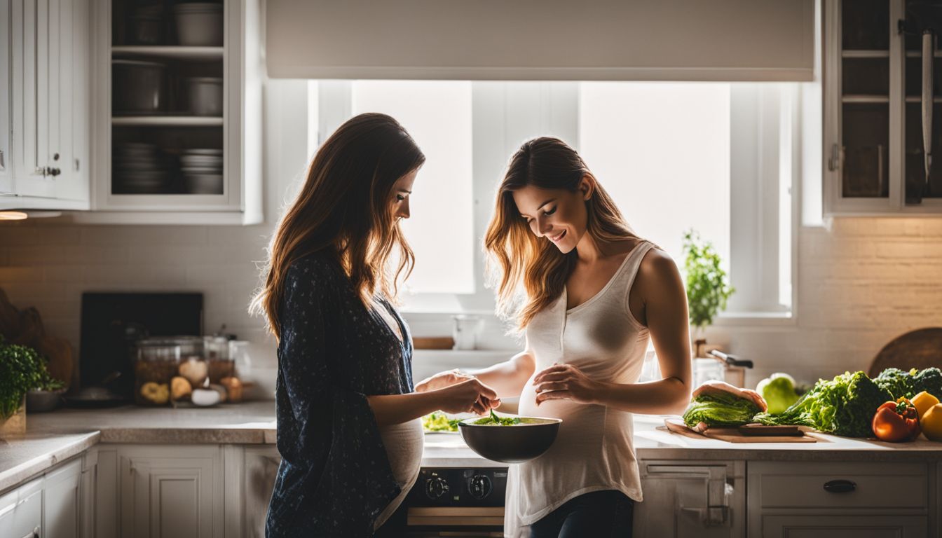 Een zwangere vrouw bereidt een gezonde maaltijd in een goed verlichte keuken.