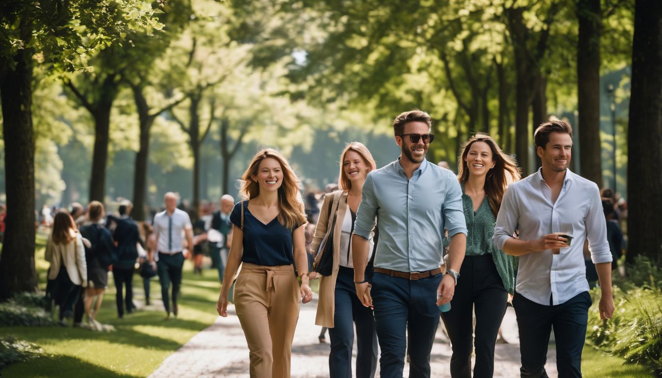 Een groep collega's wandelt door een groen park tijdens de lunchpauze.