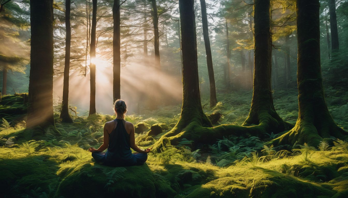 Een persoon mediteert in een serene bosomgeving met weelderige natuur.