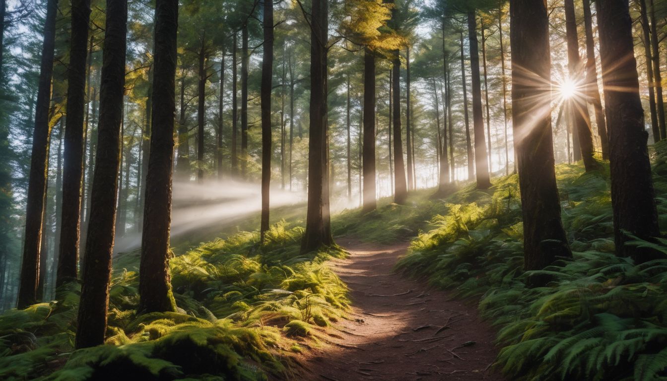 Een persoon die wandelt in een rustig bos, omringd door hoge bomen en zonlicht.