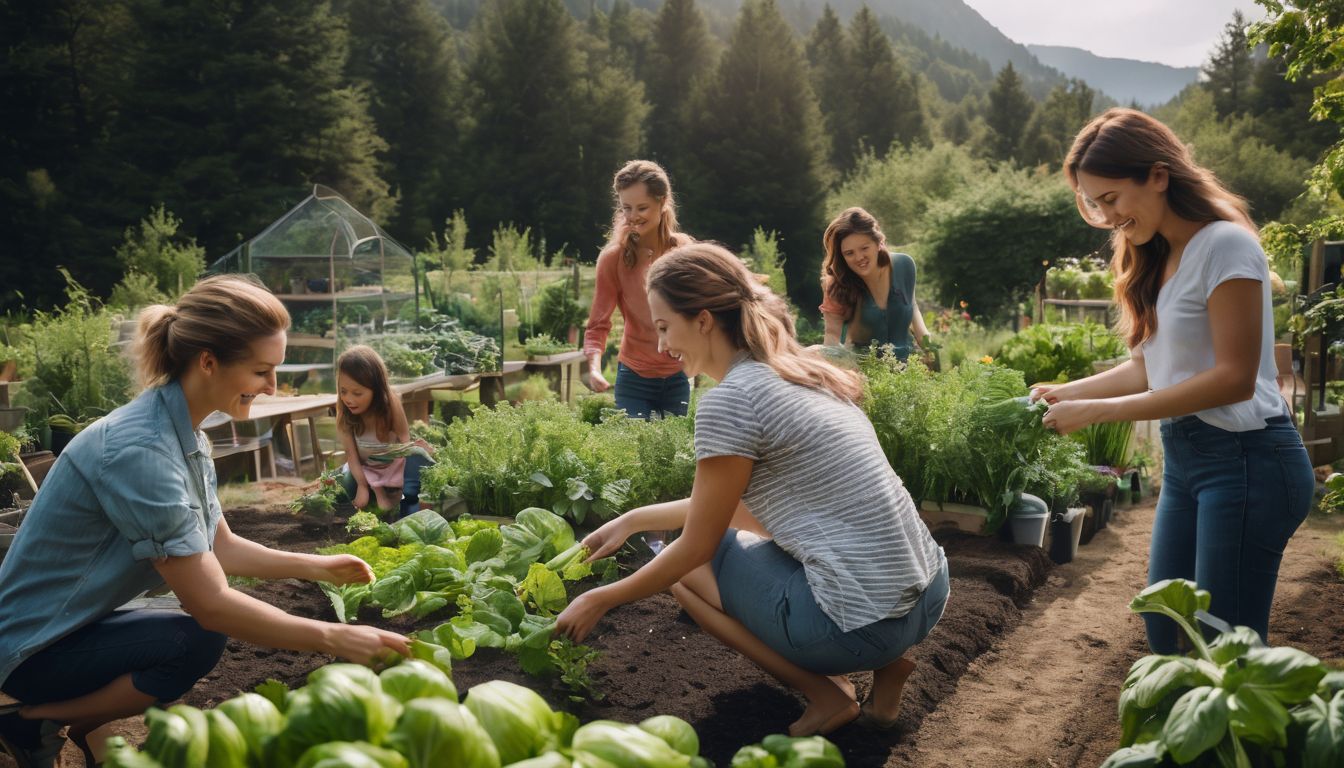 Een groep mensen die een bloeiende moestuin verzorgen temidden van een weelderige natuur.