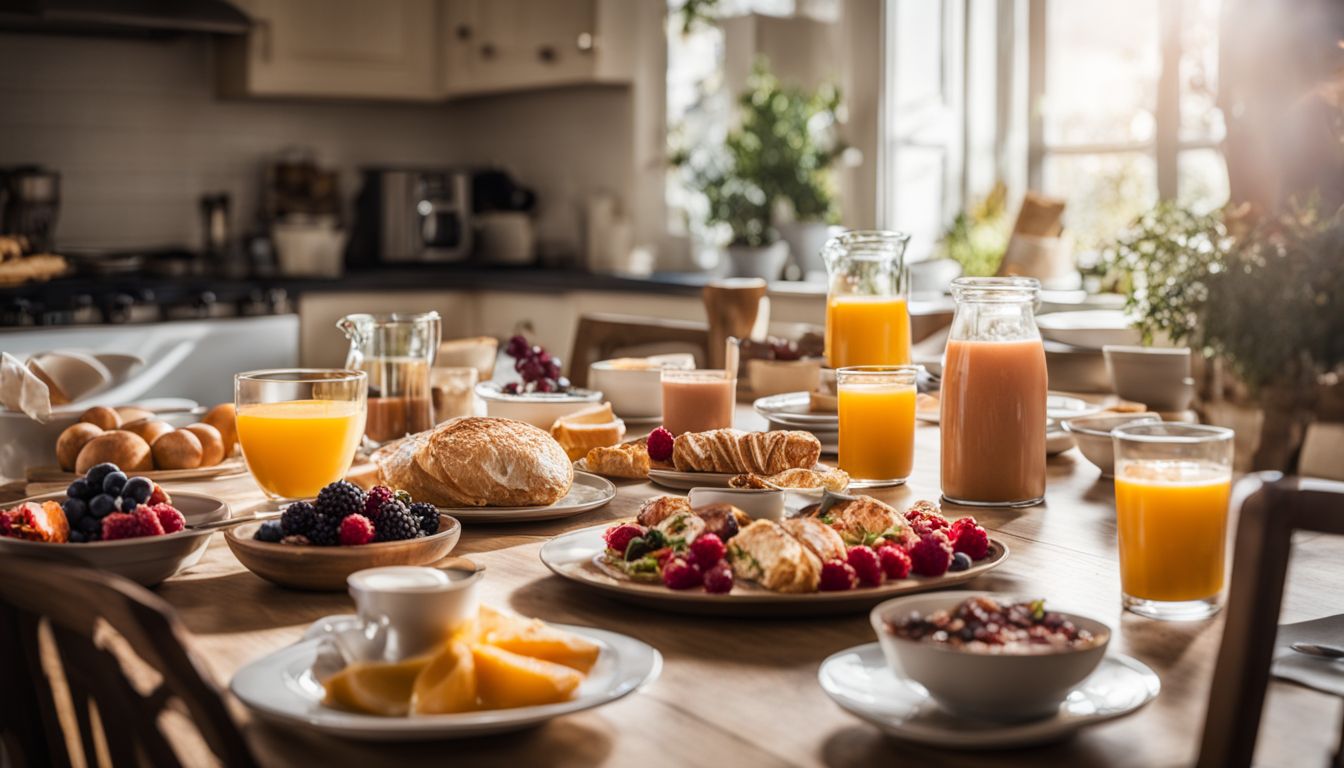 Een gezonde ontbijttafel met diverse gezichten, haarstijlen en outfits.