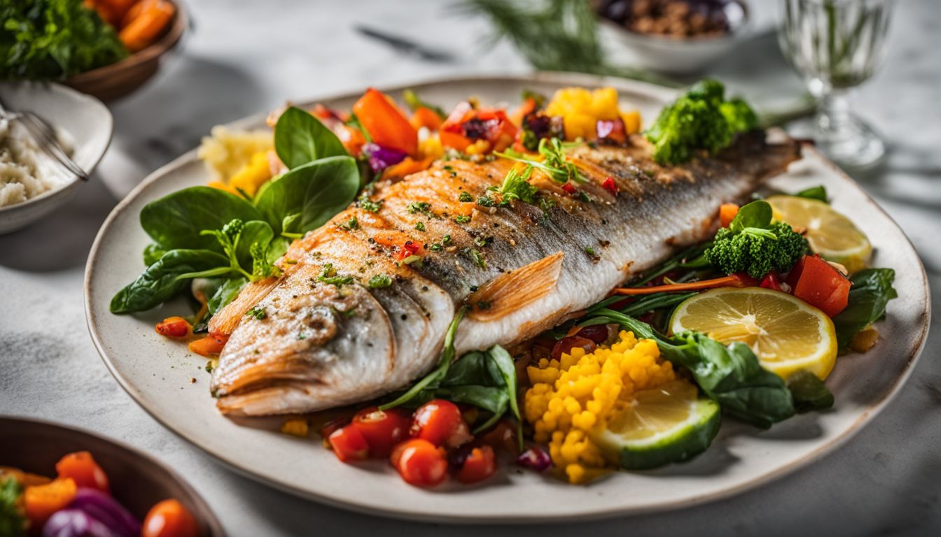 Een heerlijk bereid bord met vis en kleurrijke groenten, omgeven door een levendige sfeer.