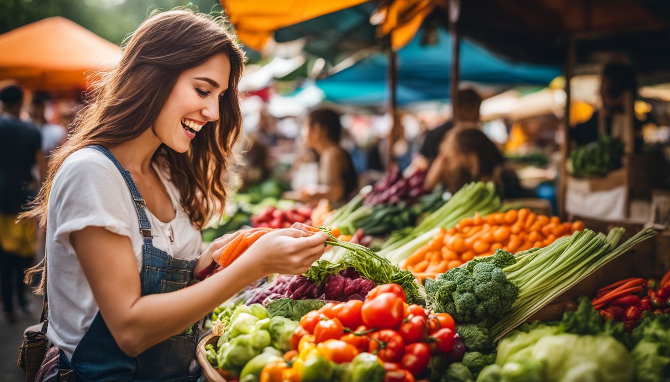 Een jonge vrouw geniet van het eten van kleurrijke groenten op een levendige markt.