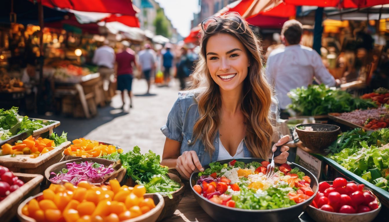 Een persoon geniet van een kleurrijke en gezonde salade op een levendige markt.