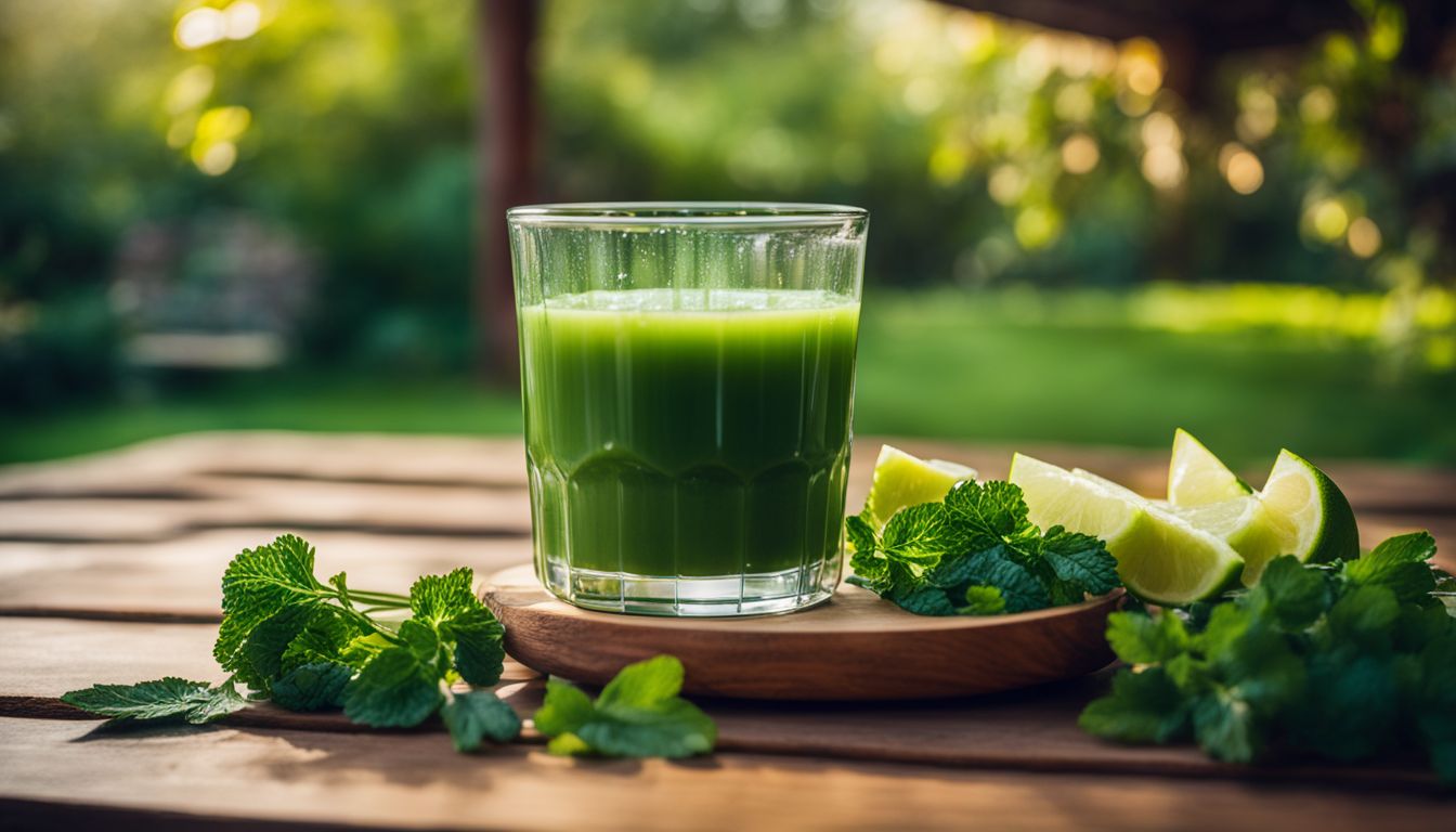 Een glas vers geperst groen sap op een houten tafel in een serene tuin.