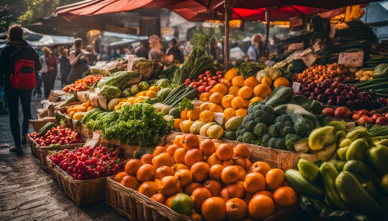 Een selectie van verse groenten en fruit in een levendige markt.