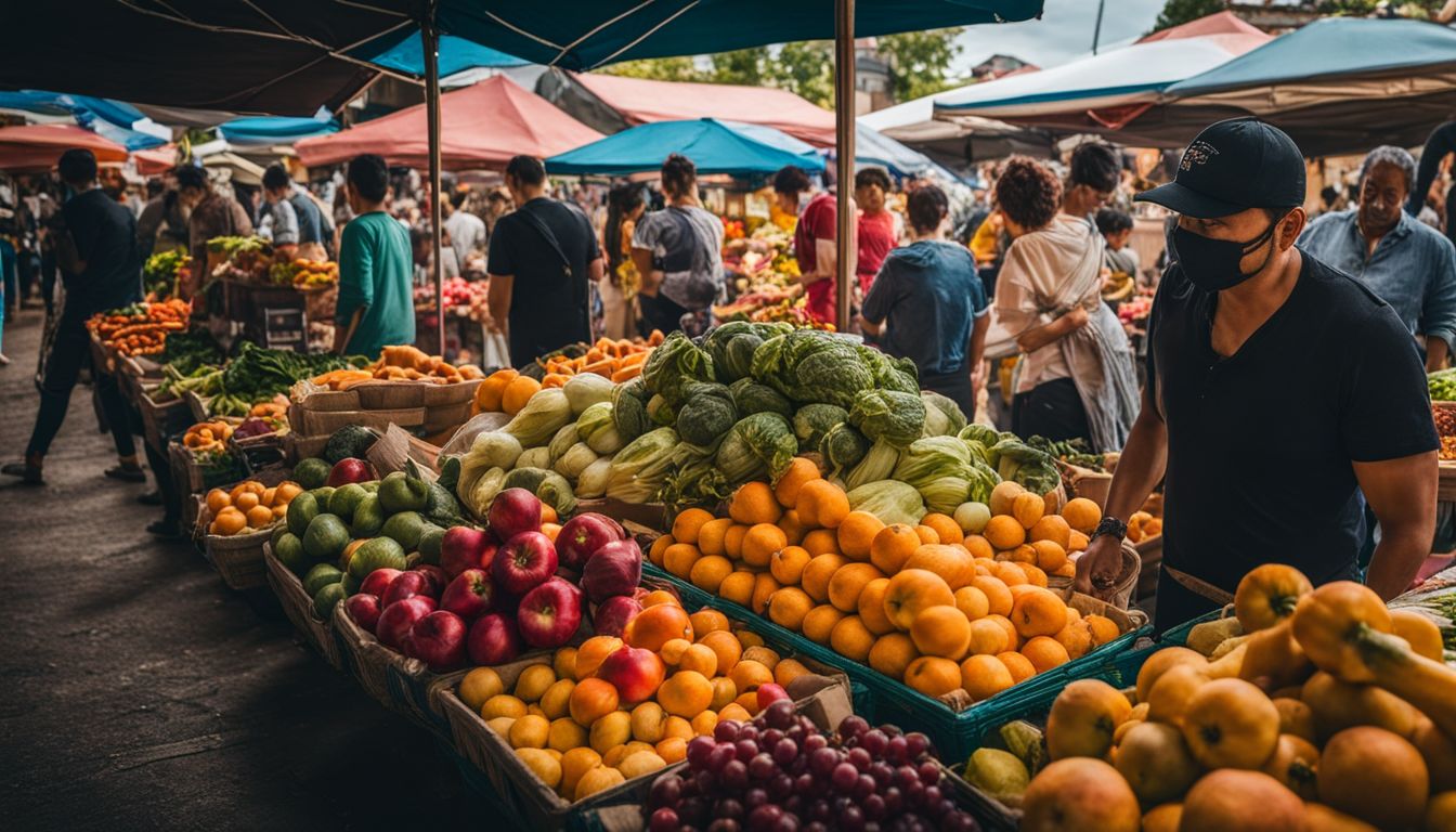 Een levendige markt met verse groenten en fruit.