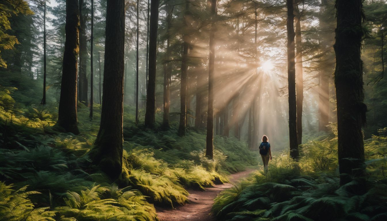 Een persoon wandelt door een rustig bos omgeven door de natuur.