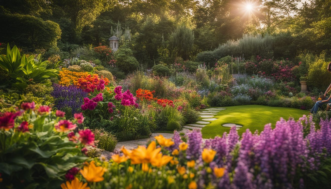 Een kleurrijke en levendige tuin vol diverse planten en bloemen.