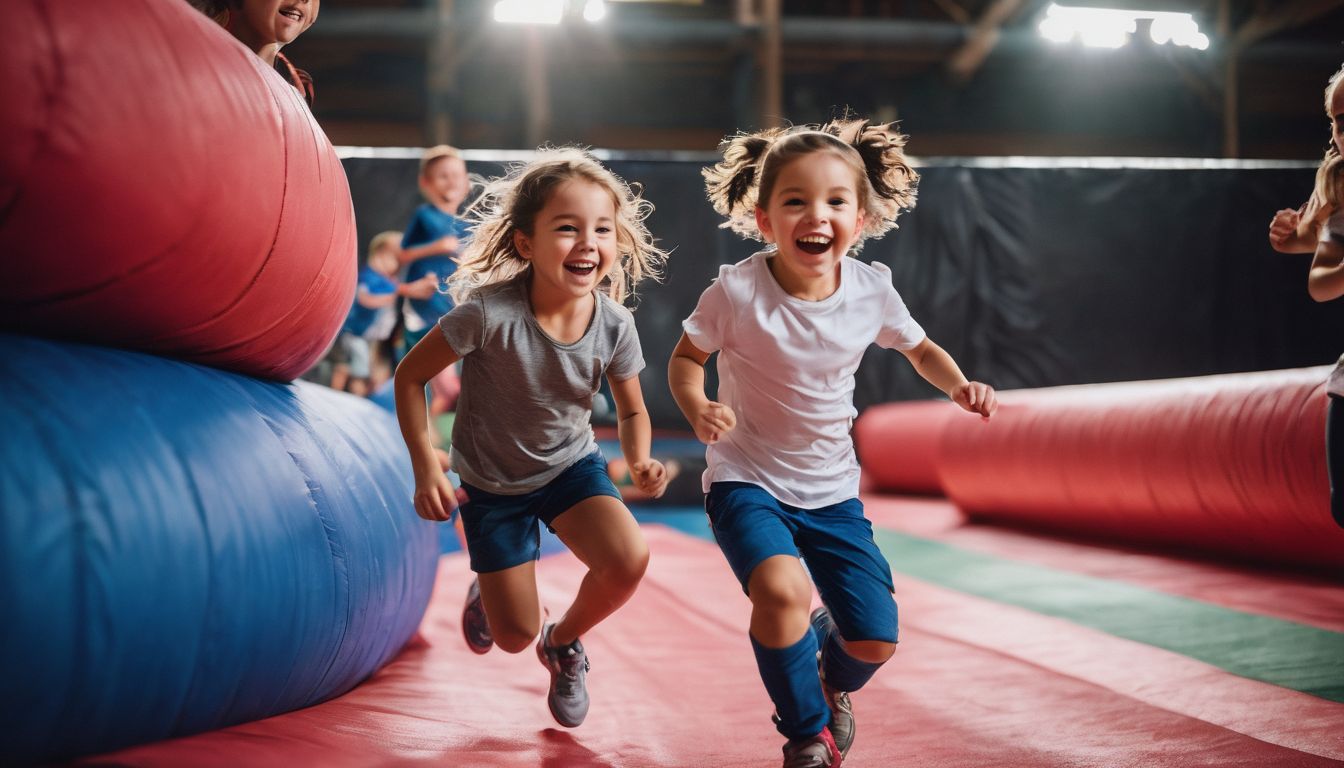 Kinderen spelen vrolijk in een overdekt avonturengymnastiekparcours.