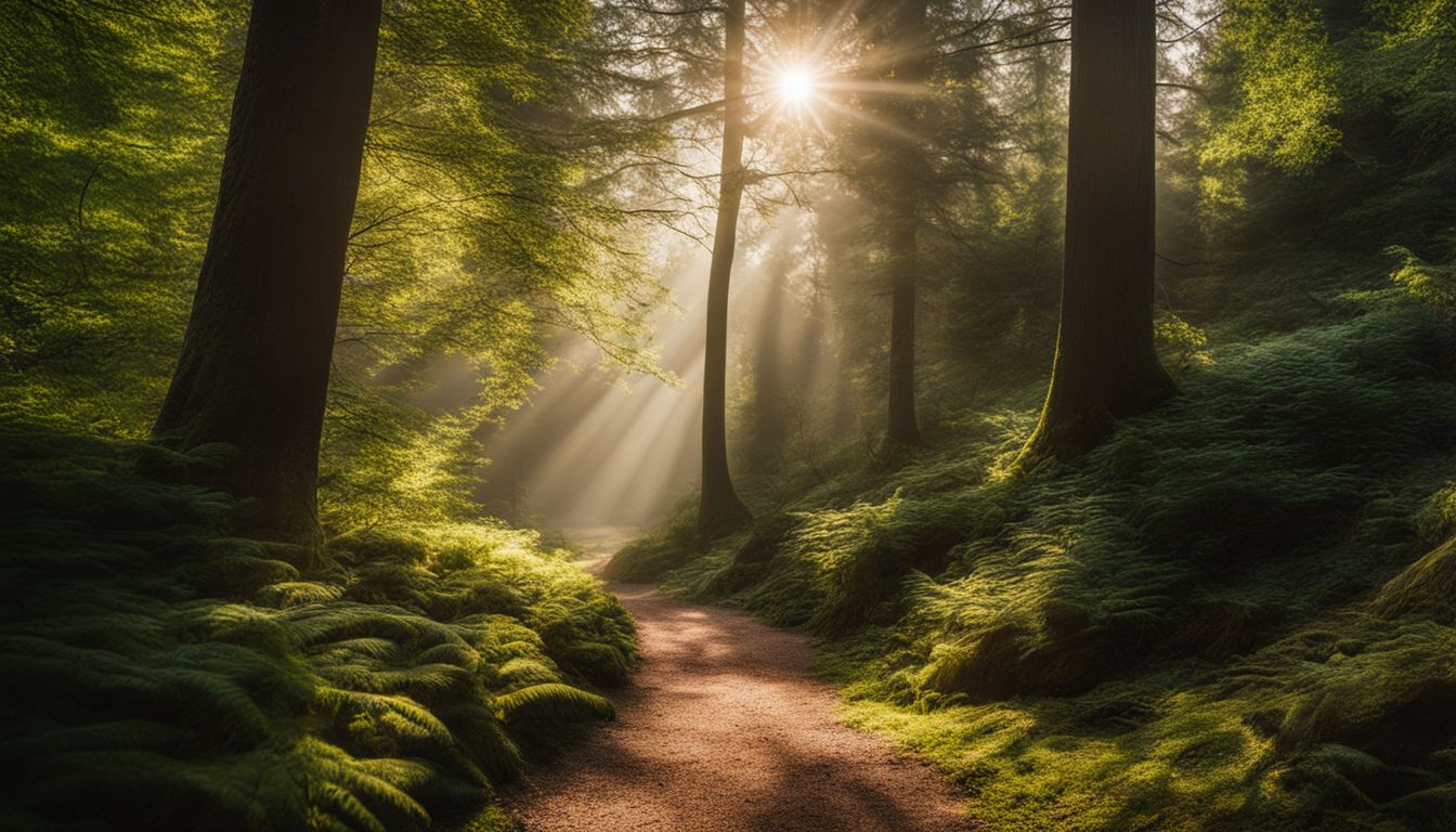 Een rustig bospad met zonlicht door de bomen, verschillende gezichten en haarstijlen.