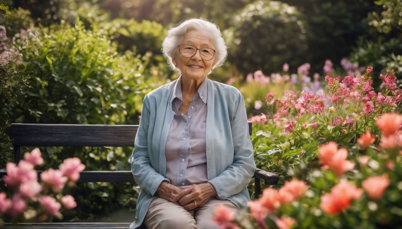 Een rustige oudere persoon geniet van de bloeiende tuin.