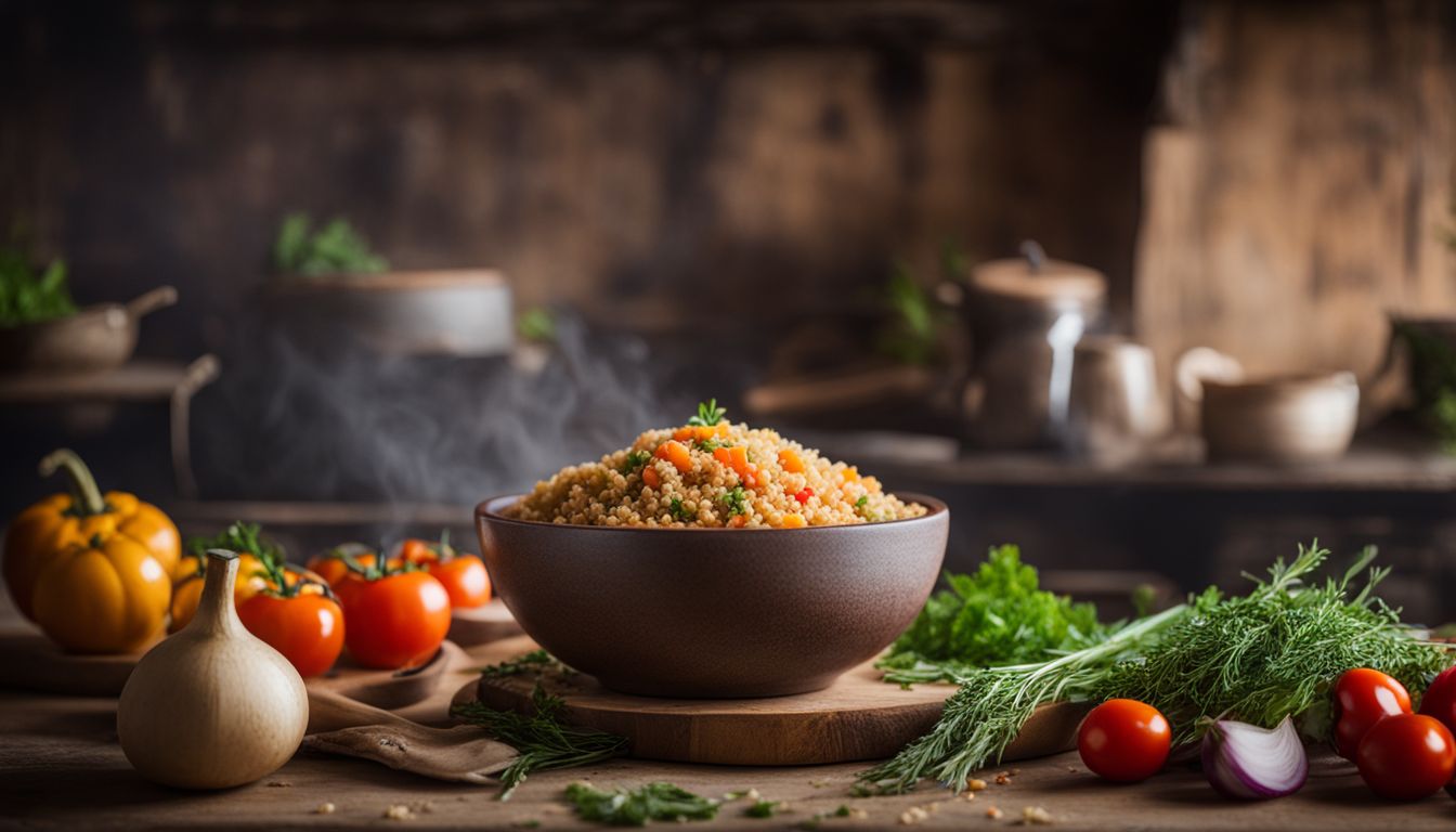 Een kom met gekookte bulgur en verse groenten en kruiden in een rustieke keuken, gefotografeerd met een DSLR-camera.