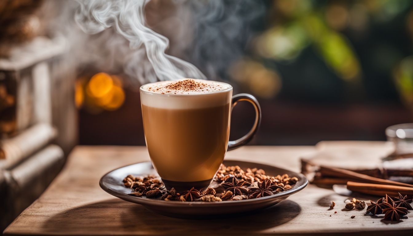 Een steaming kopje Chai Latte met warme kruiden en theeblaadjes.