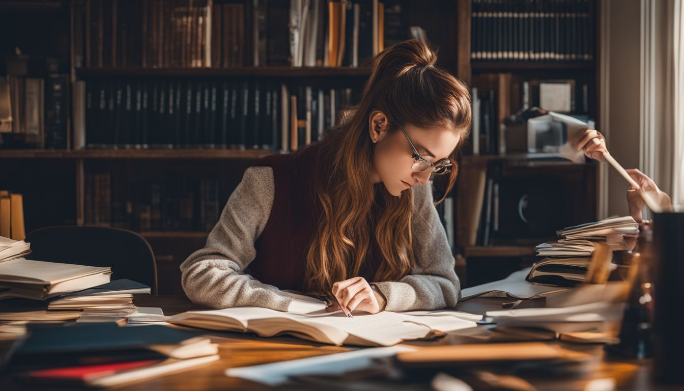 Een student die geconcentreerd studeert aan een opgeruimd bureau in een goed verlichte kamer.