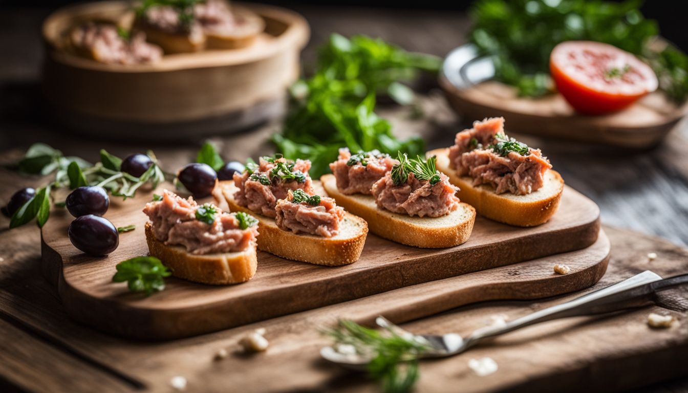 Een foto van Crostini met tonijn en olijvenspread op een serveerplank.