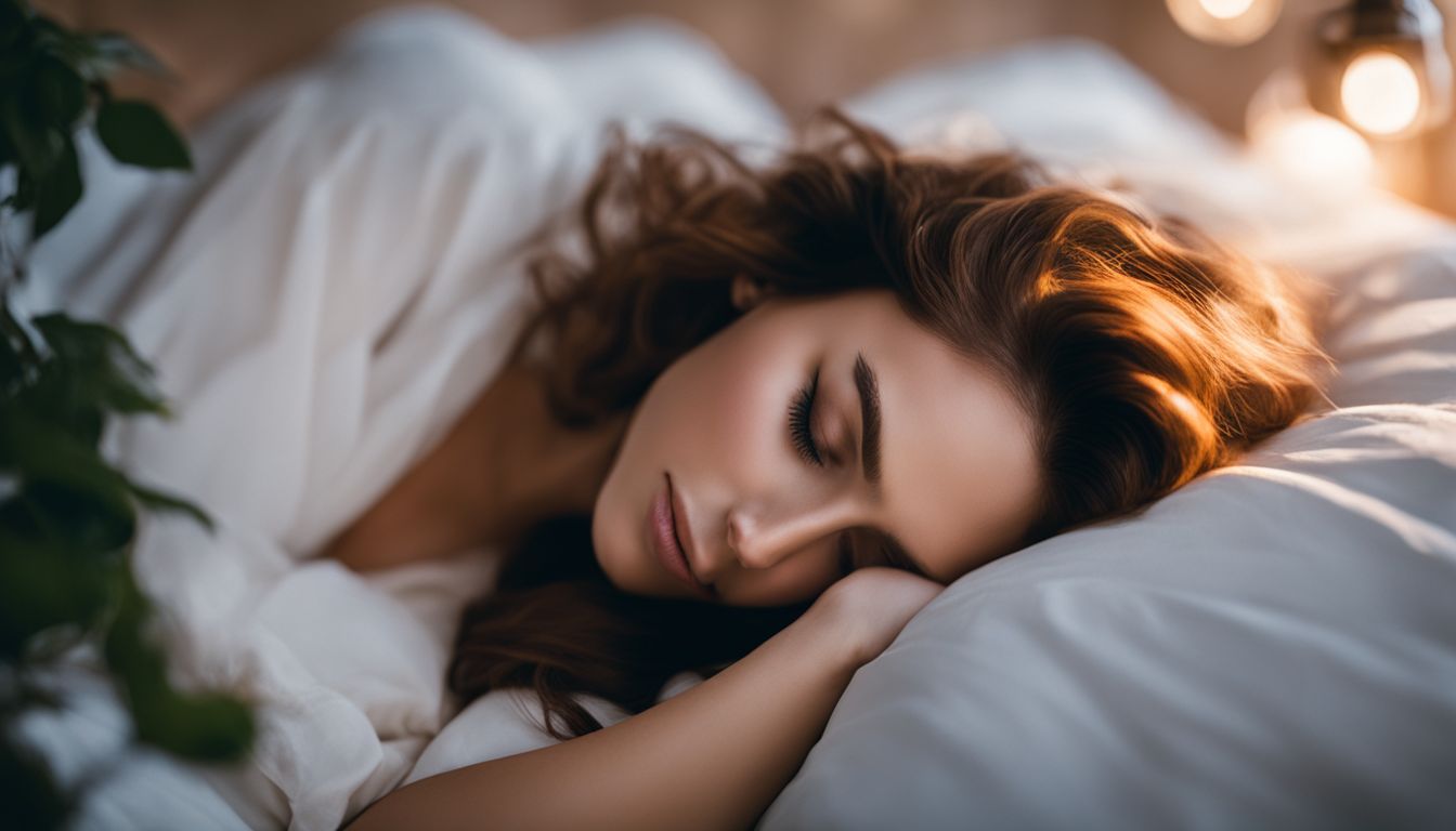 Een vredige vrouw slapend in een gezellig bed.