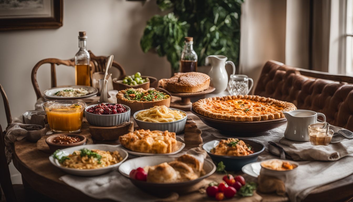 Een gezellige tafel met comfortabel eten in een huiselijke setting.