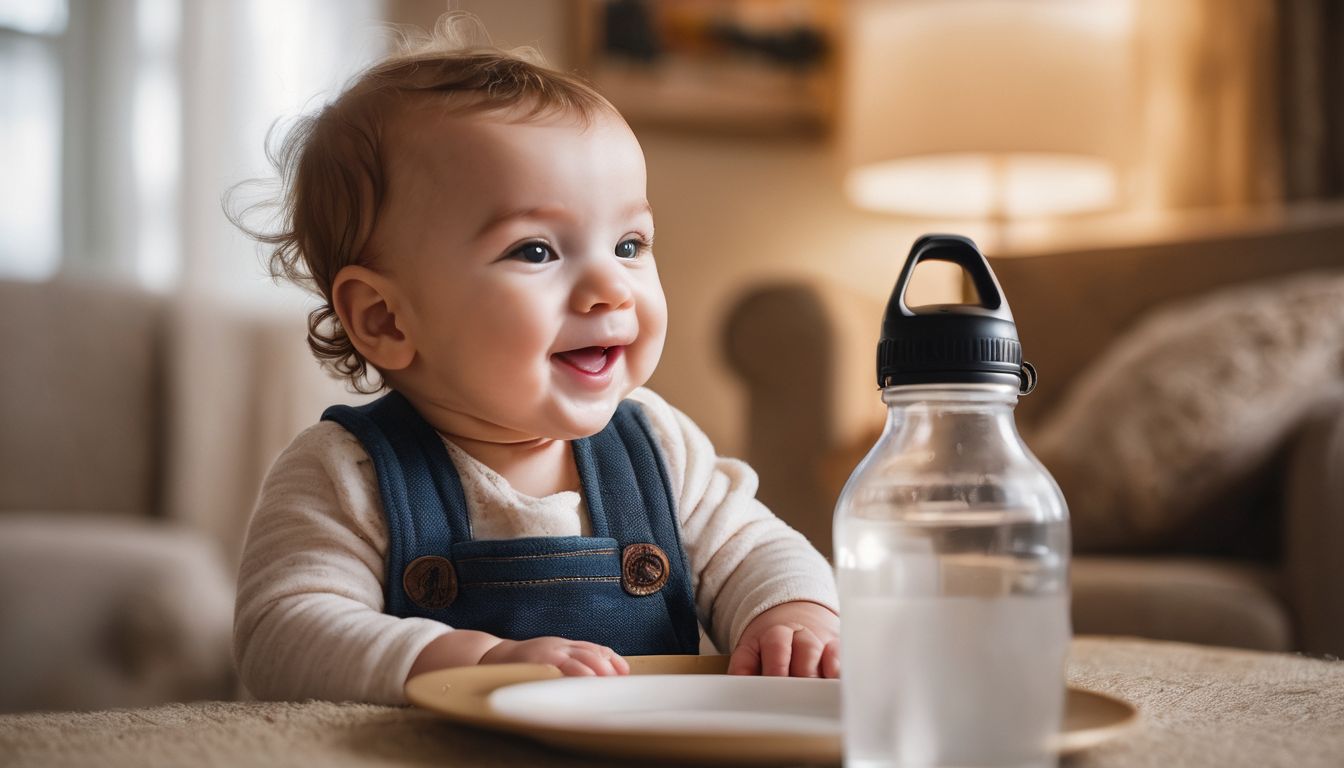 Een vrolijke baby drinkt uit een flesje omringd door vrolijke kinderkamerdecoratie.