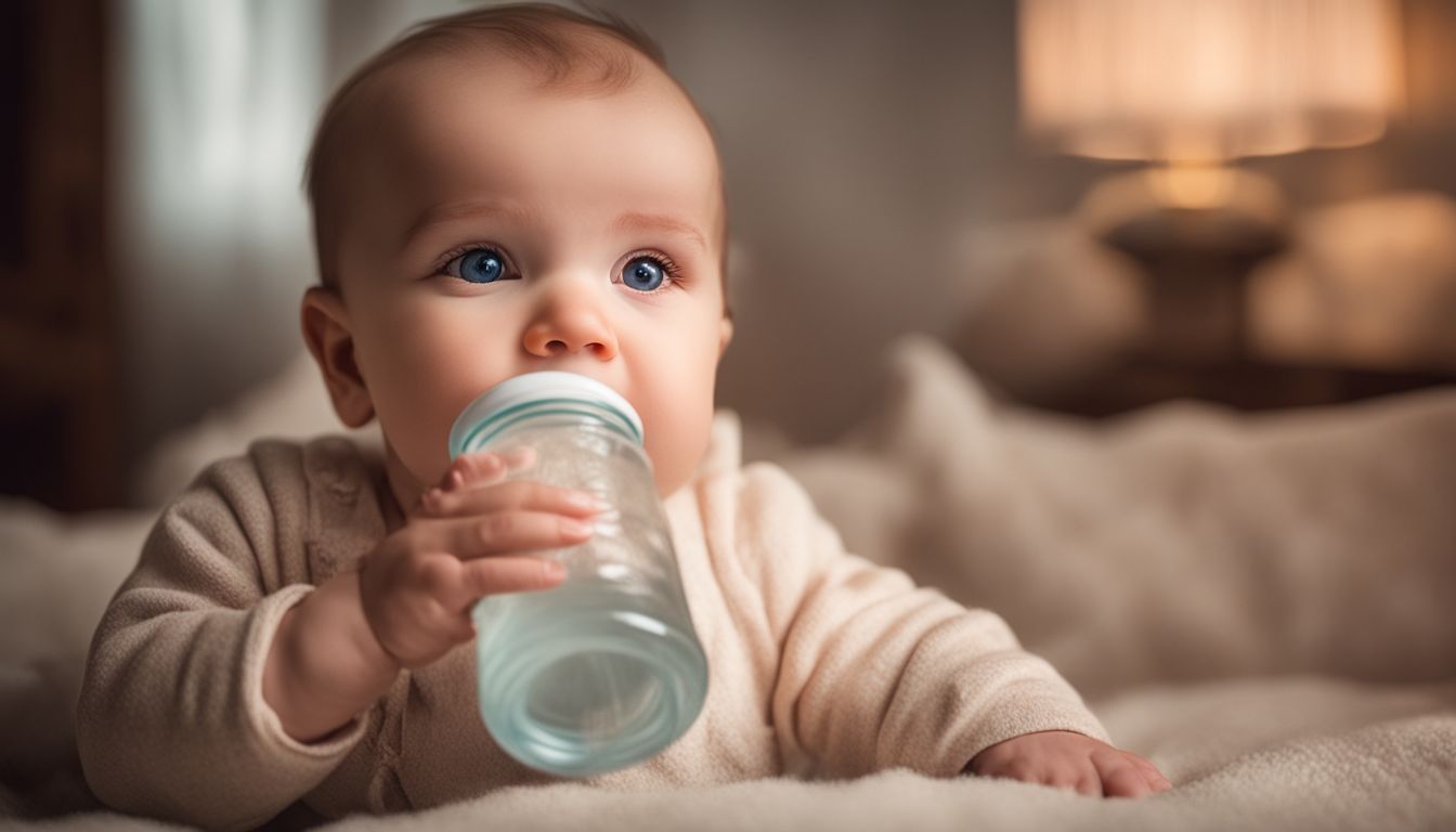 Een vredig drinkende baby in een gezellige kinderkamer.