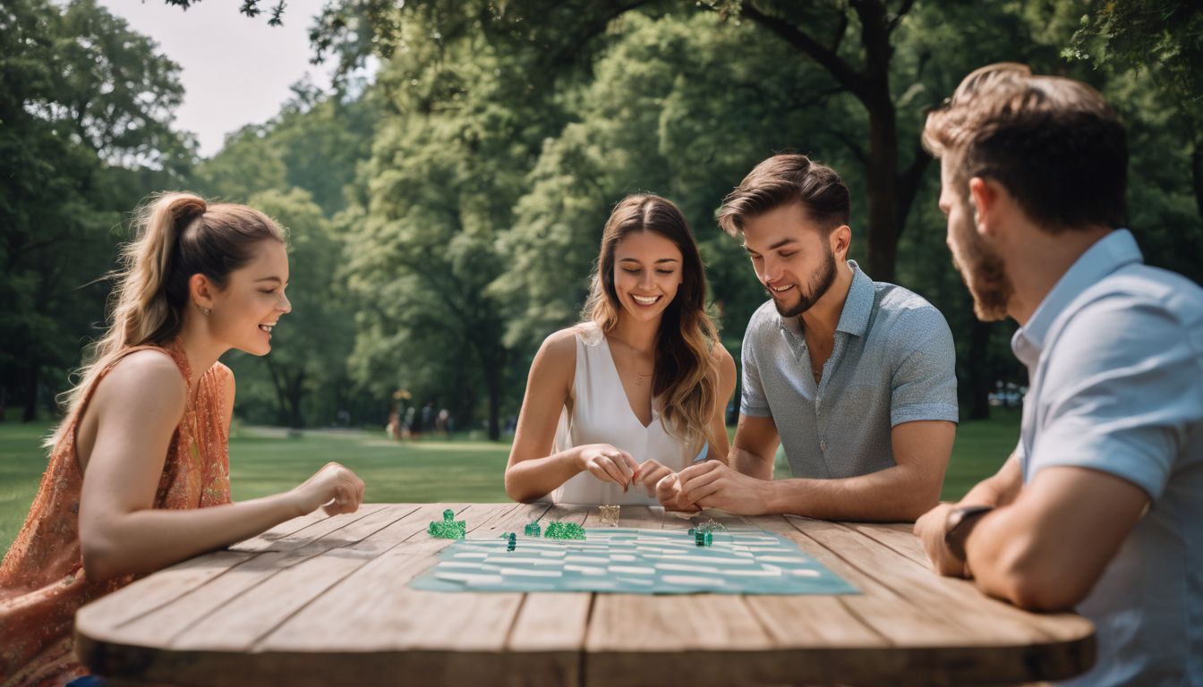 Een groep mensen speelt geheugenspelletjes in het park omringd door de natuur.