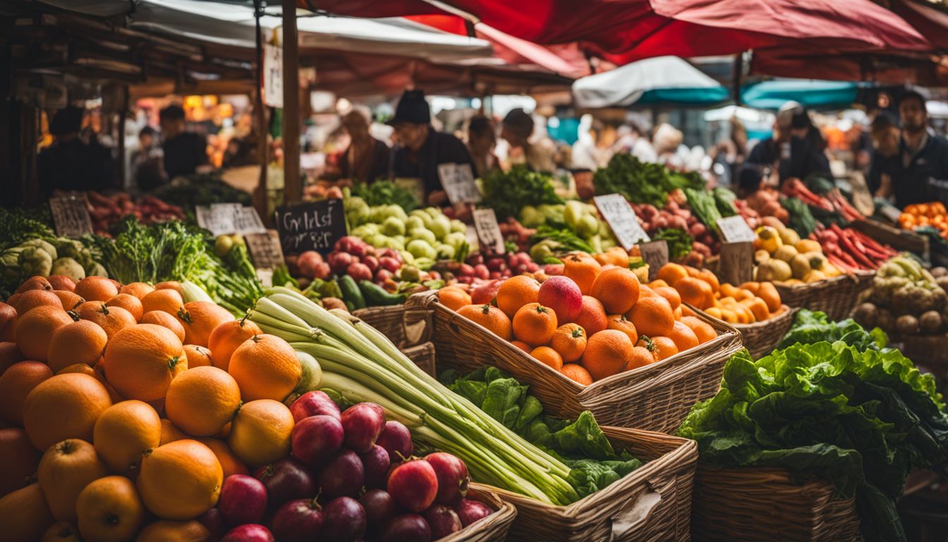 Een levendige variëteit van verse groenten en fruit op een drukke markt.