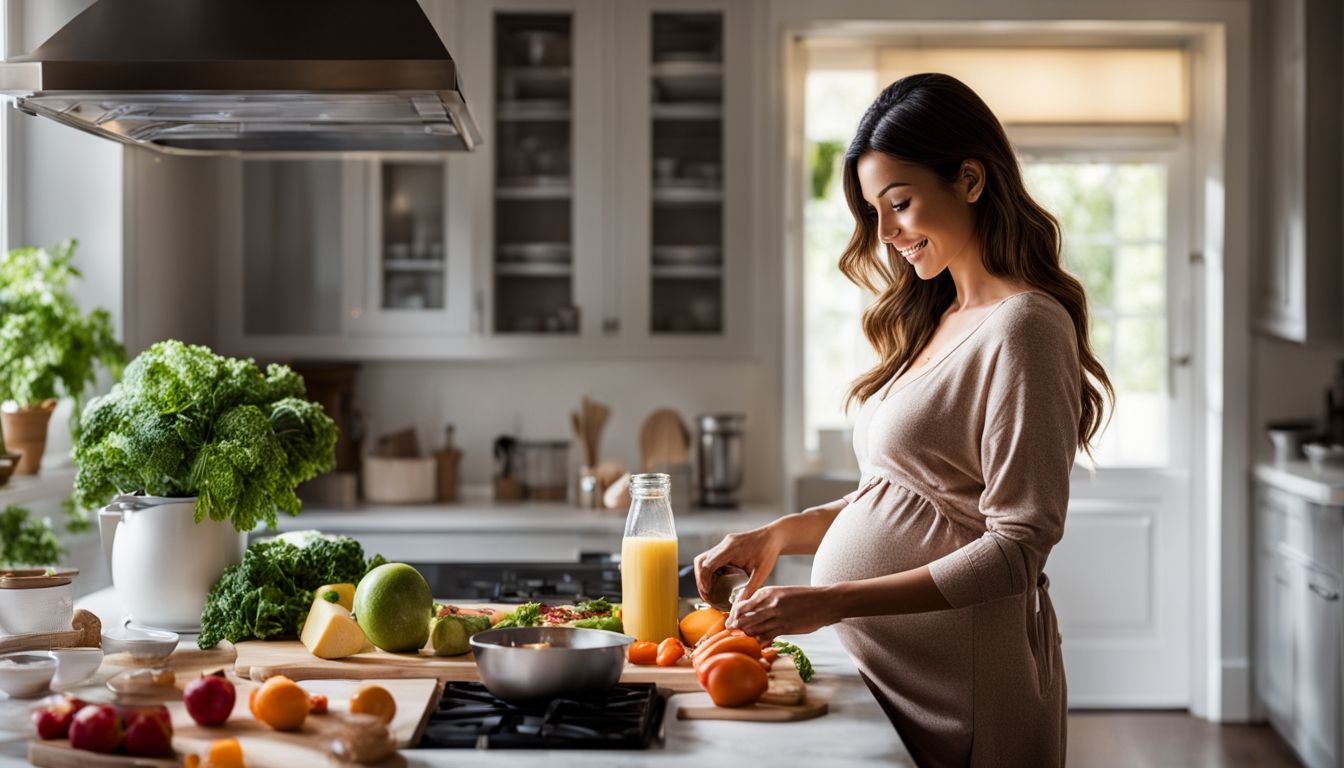 Zwangere vrouw bereidt gezonde maaltijd in goed verlichte keuken.