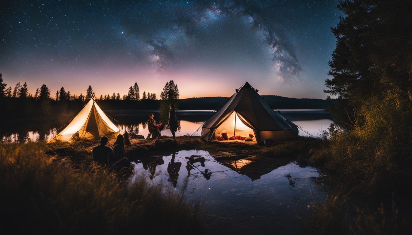 Een rustige en serene nachtelijke hemel met een knusse verlichte tent.