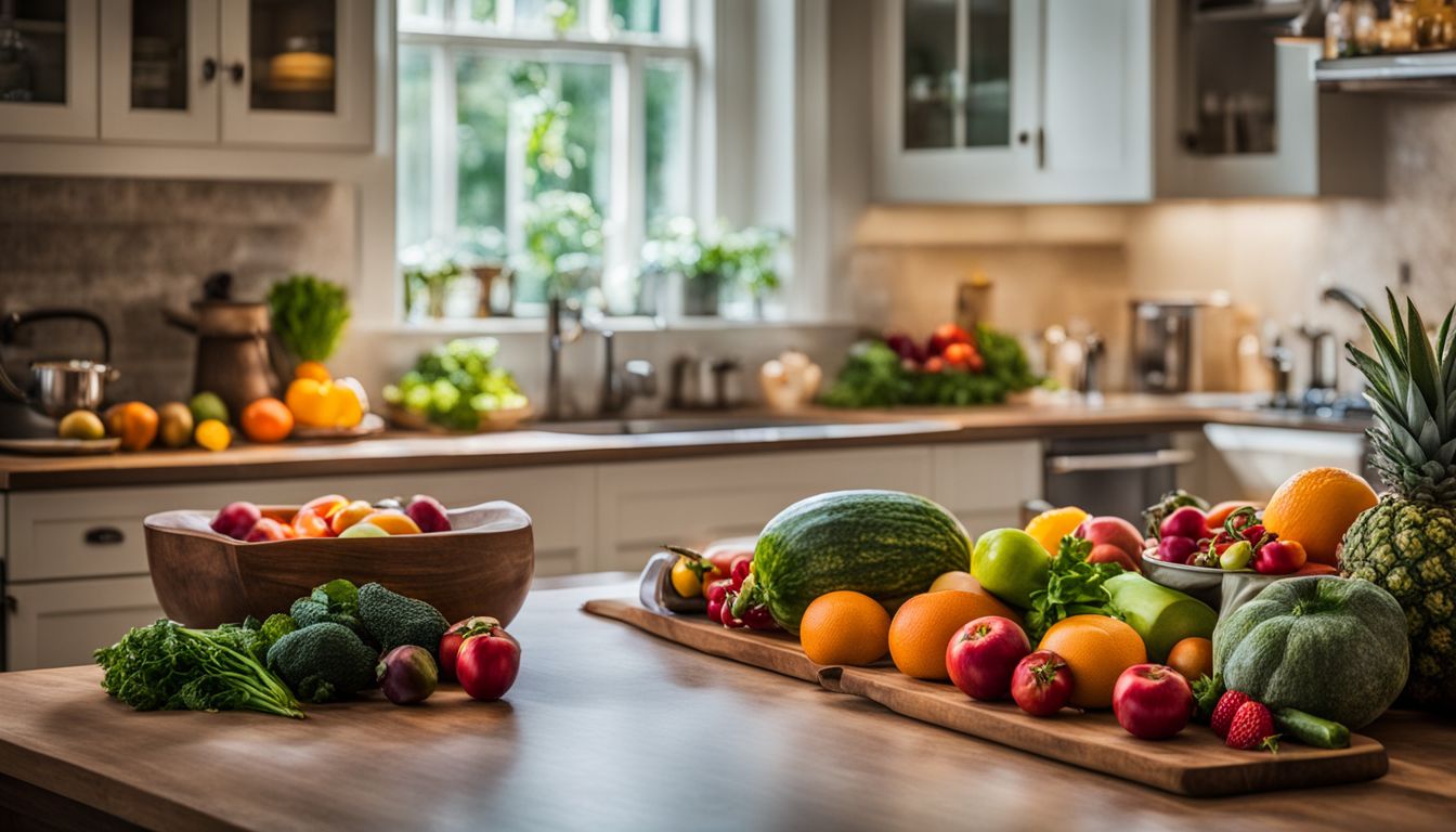 Een selectie van kleurrijke fruit en groenten op een aanrecht.