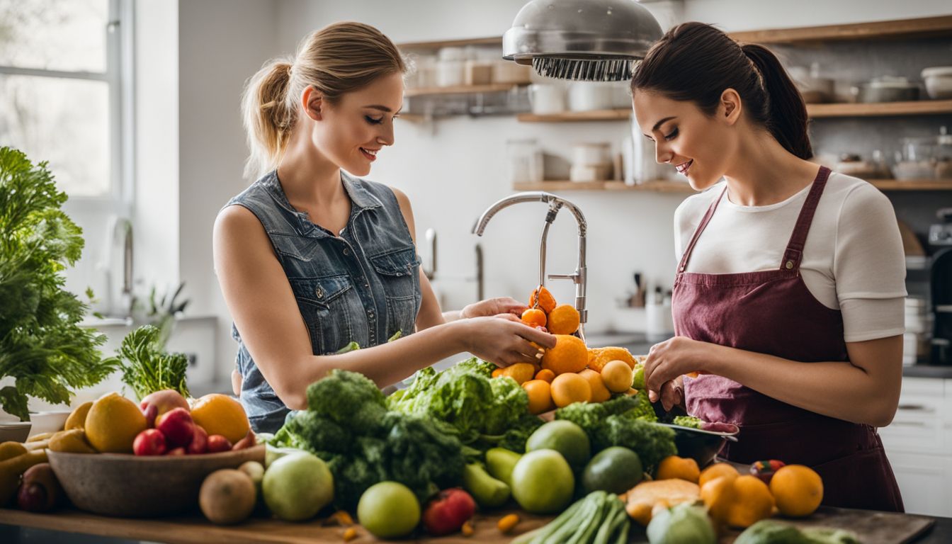 Verse groenten en fruit worden gewassen in een schone en georganiseerde keuken.