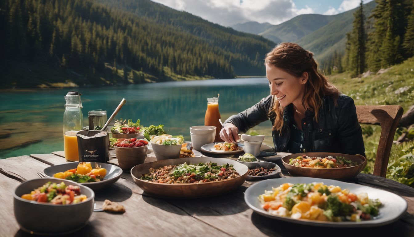 Een persoon geniet van een voedzame maaltijd met verschillende ijzerrijke voedingsmiddelen in de buitenlucht.