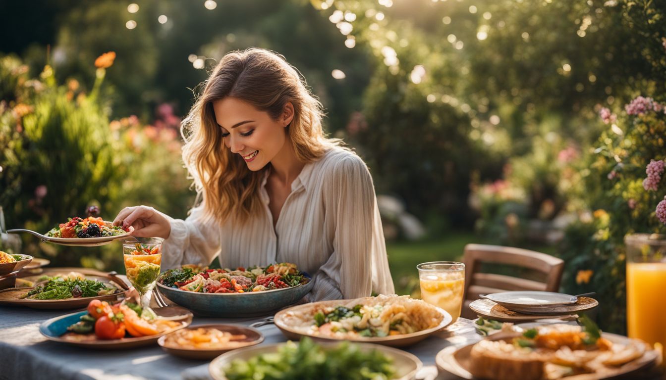 Een persoon geniet van een kleurrijk en gevarieerd bord eten in een rustige tuin.