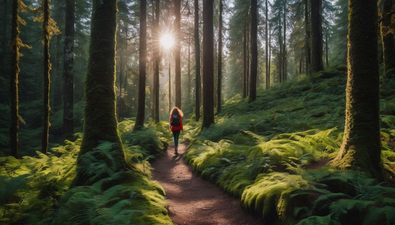 Iemand wandelt door een vredig bos omringd door natuur.