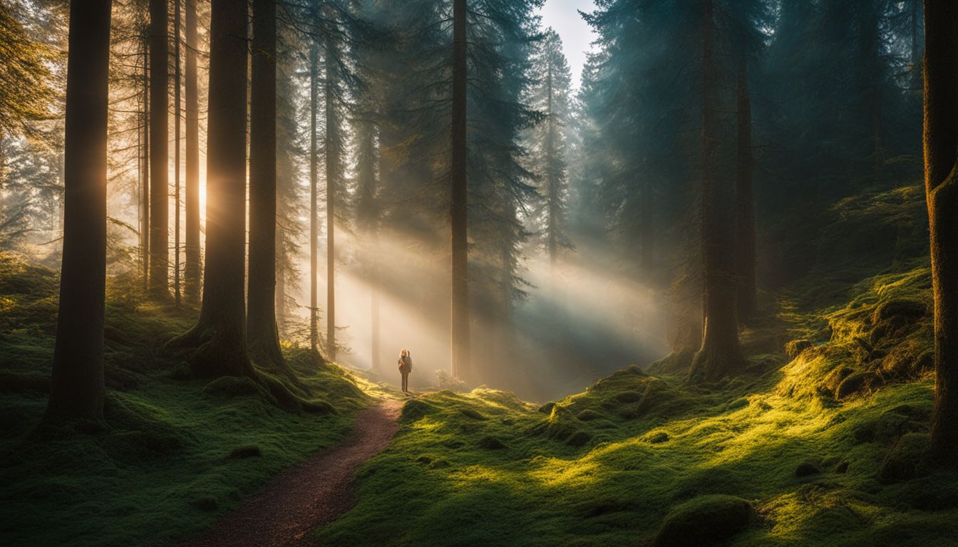 Een serene, natuurlijke boslandschap met diverse mensen en stijlen.