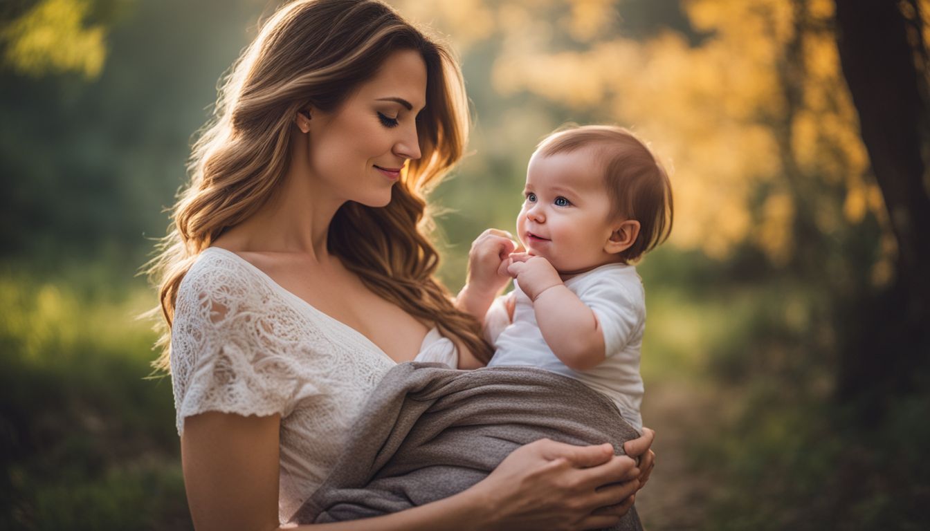 Een moeder die liefdevol naar haar baby kijkt tijdens het geven van borstvoeding in een natuurlijke omgeving.