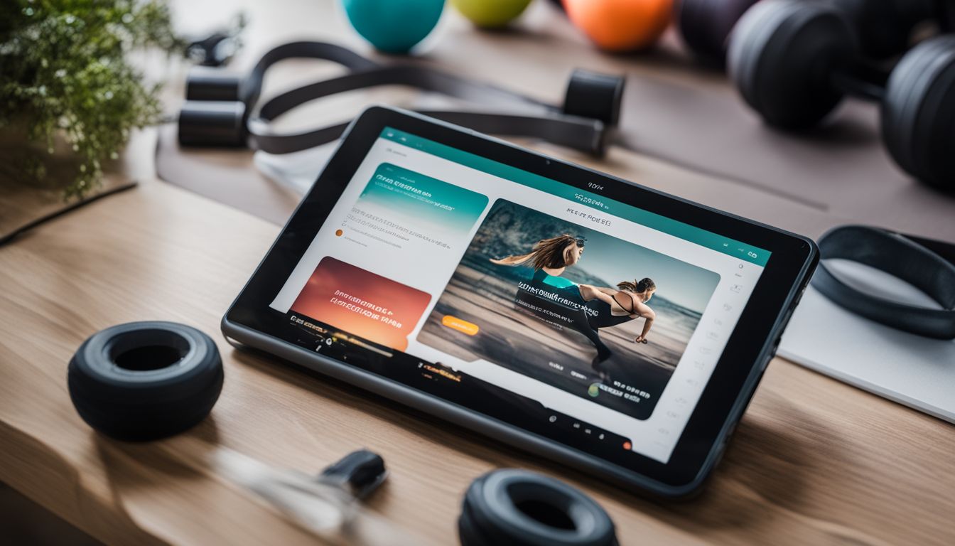 Een gepersonaliseerd fitnessplan op een digitaal tablet temidden van thuis fitnessapparatuur.