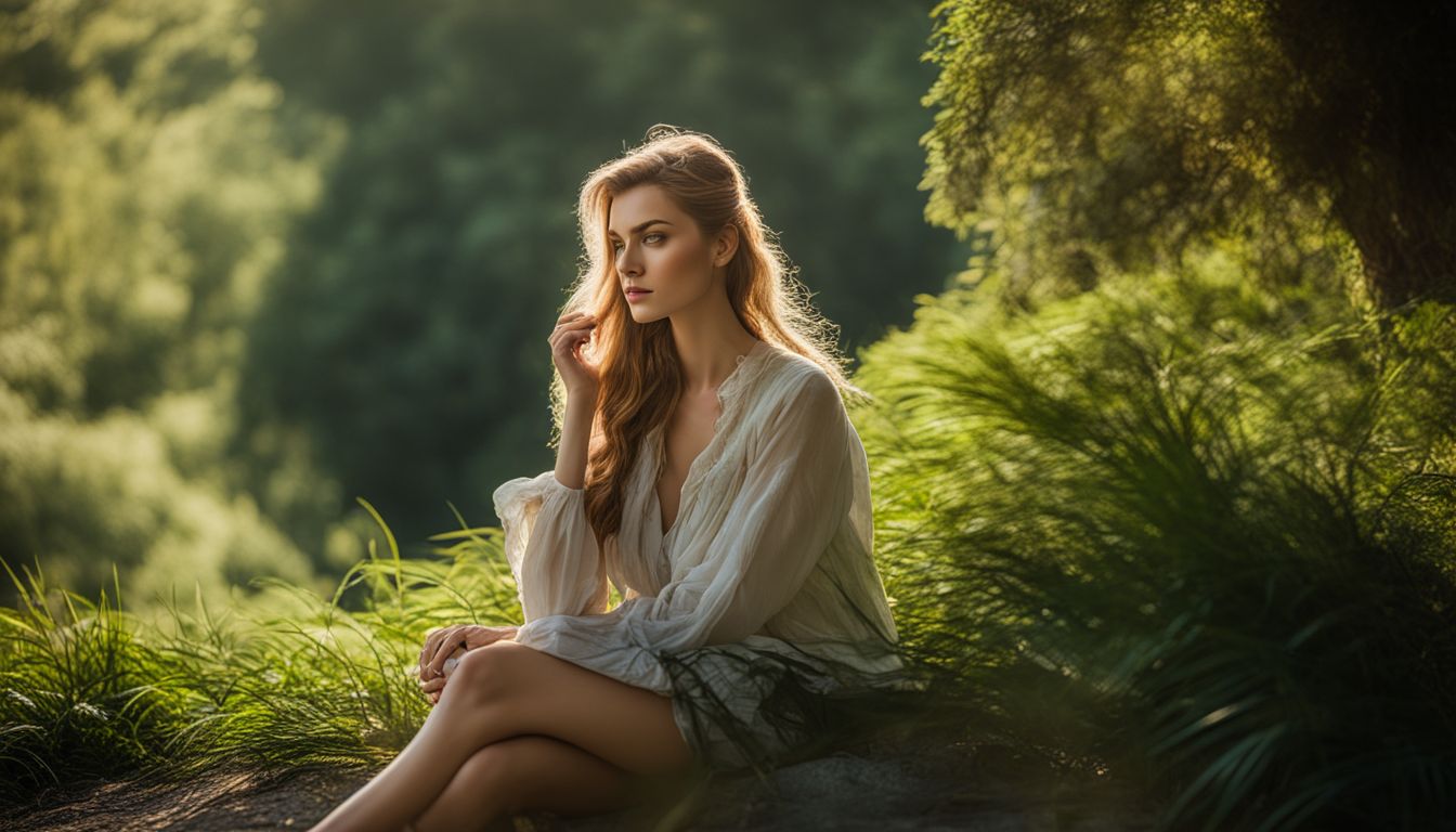 Een persoon diep in gedachten, omringd door groen in de natuur.