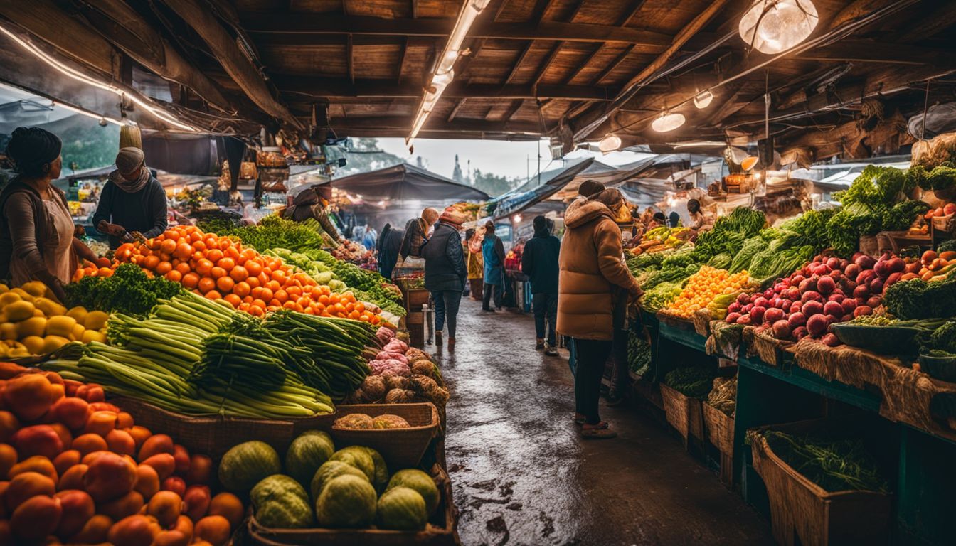 Een kleurrijke markt met verse groenten en verschillende mensen.