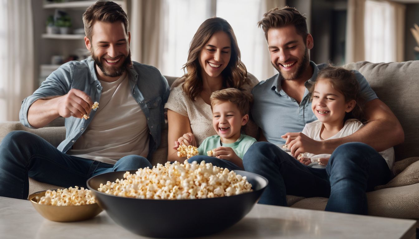 Een gezin geniet van vers gepofte popcorn tijdens een knusse filmavond thuis.