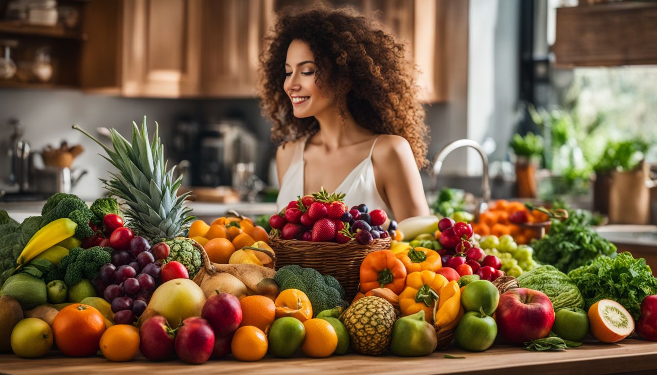 Een variatie van kleurrijke groenten en fruit op een levendig aanrecht.