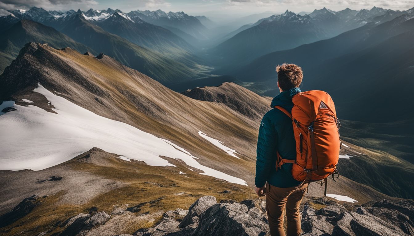 Een eenzame wandelaar staat vol vertrouwen op een bergtop in adembenemende omgevingen.