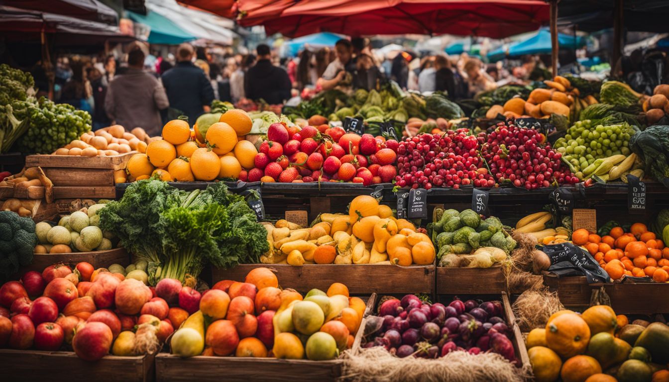 Een tafel vol kleurrijke, verse groenten en fruit op een levendige markt.