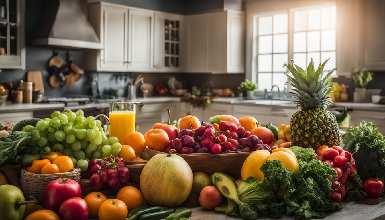 Een verscheidenheid aan kleurrijk fruit en groenten op een keukenblad.